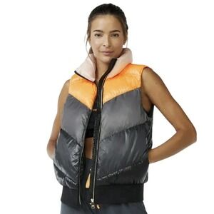 Love & Sports Women's Colorbocked Puffer Vest Orange Pink Black Full Zip L 12-14
